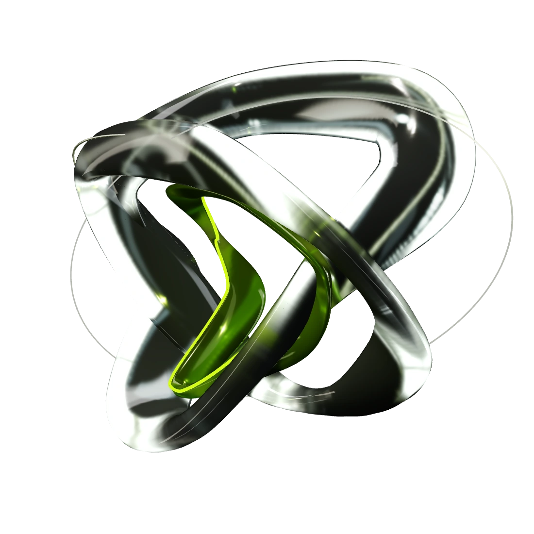 Sculpture abstraite de rubans en métal sombre et verre, traversée d’une lumière vert citron.